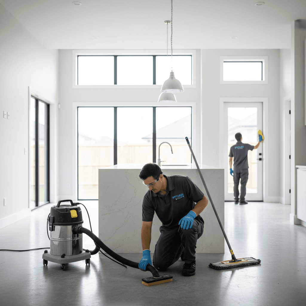 Professional cleaner in a modern home interior performing a meticulous builders clean.