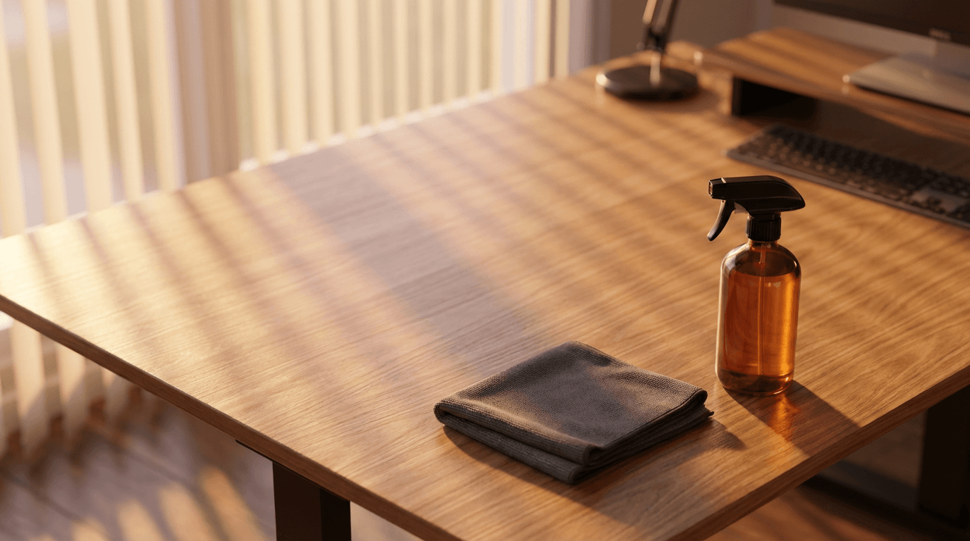 Overhead view of spotless office desk with cleaning cloth and spray bottle in warm golden afternoon light.