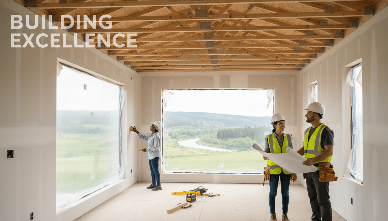 Construction team of three collaborating inside residential renovation project with new framing, drywall, and windows installed