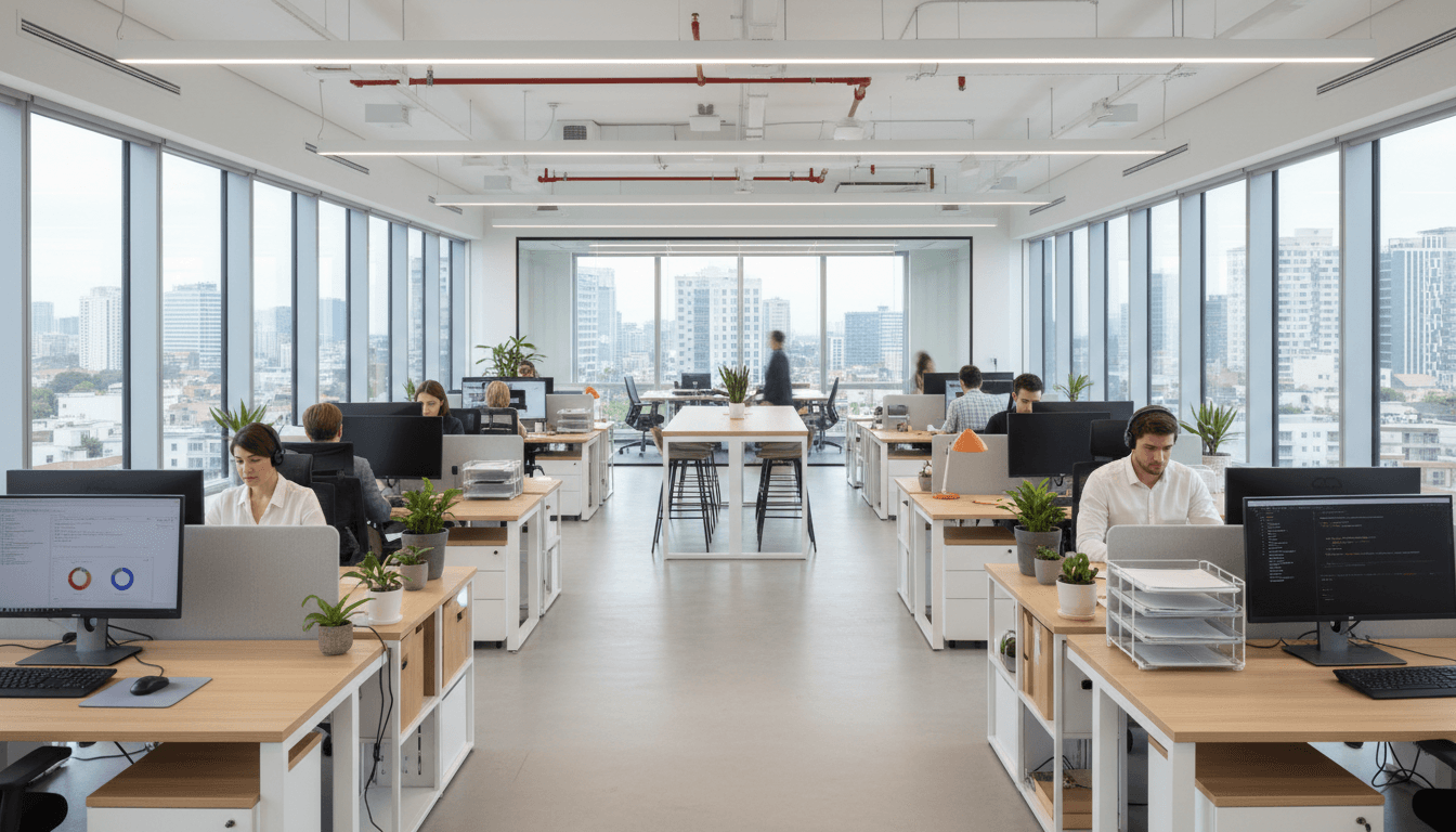 Contemporary office workspace with multiple professionals working at organized desks near bright windows