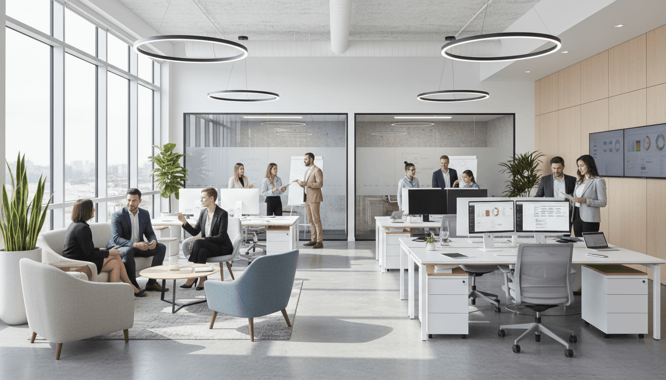 Modern professional office workspace with diverse team collaborating at desks in bright, naturally-lit contemporary environment