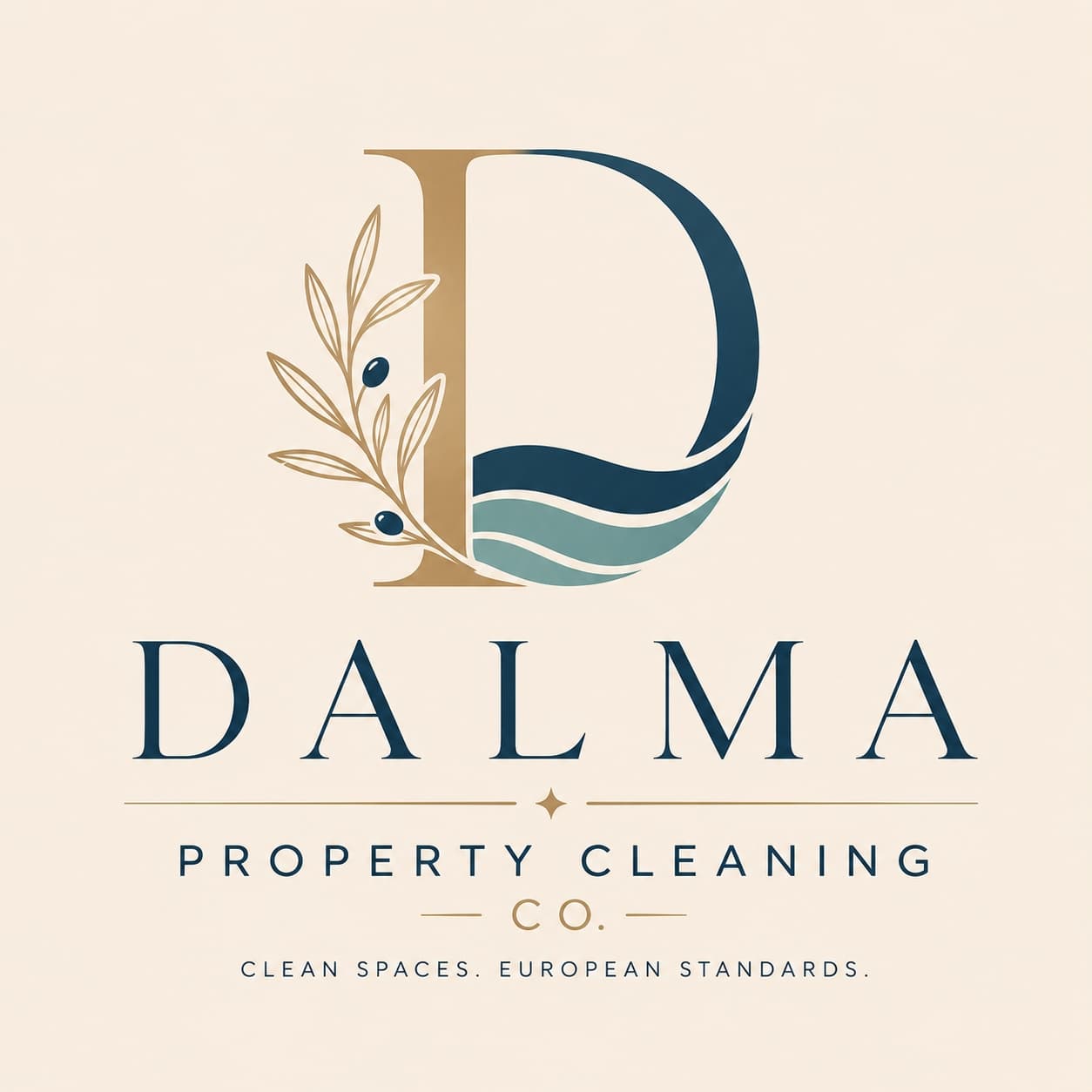 Dalma Property Cleaning Co. logo featuring a stylized letter D with olive branch and waves.
